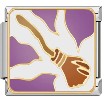 Brown broomstick with gold accents and purple background Italian charm bracelet link