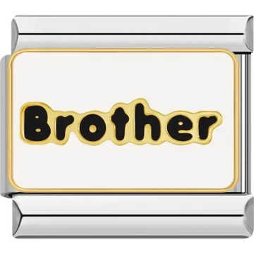 Black "Brother" text with gold outlines on a white background Italian charm bracelet link