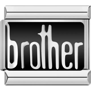 Silver "brother" text on a black background Italian charm bracelet link
