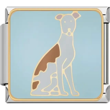 Seated brown and white dog on a light blue background Italian charm bracelet link
