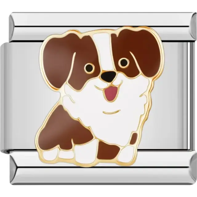 Brown and white puppy design with gold accents Italian charm bracelet link
