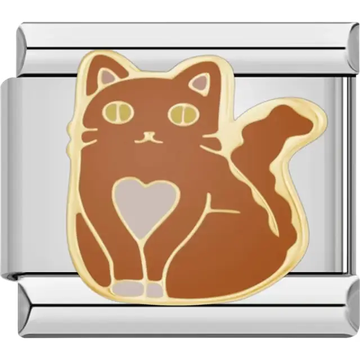 Brown cat with a cream heart on its chest and gold outlines Italian charm bracelet link