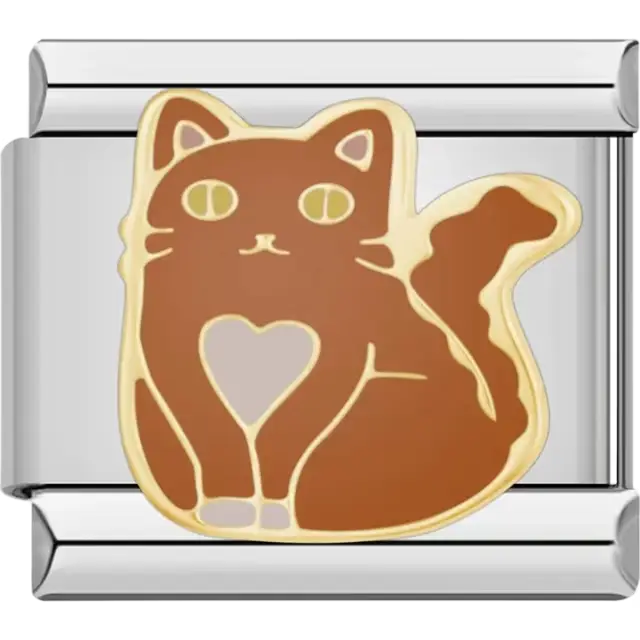 Brown cat with a cream heart on its chest and gold outlines Italian charm bracelet link