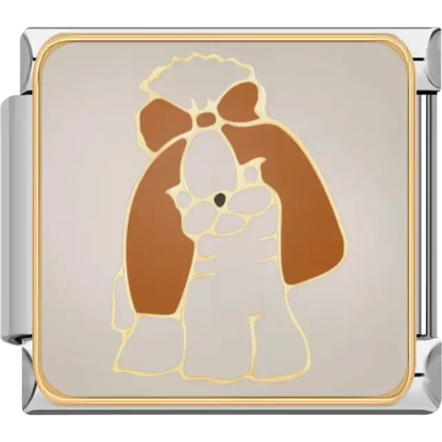 Brown and white dog with large bow on a silver-tone background Italian charm bracelet link