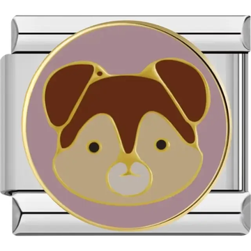 Brown puppy face on a blush background with gold accents Italian charm bracelet link