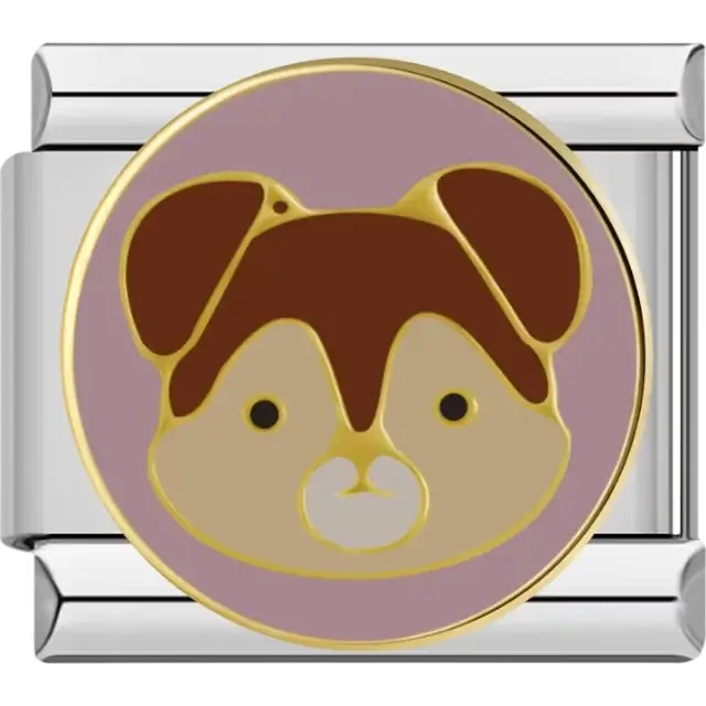 Brown puppy face on a blush background with gold accents Italian charm bracelet link