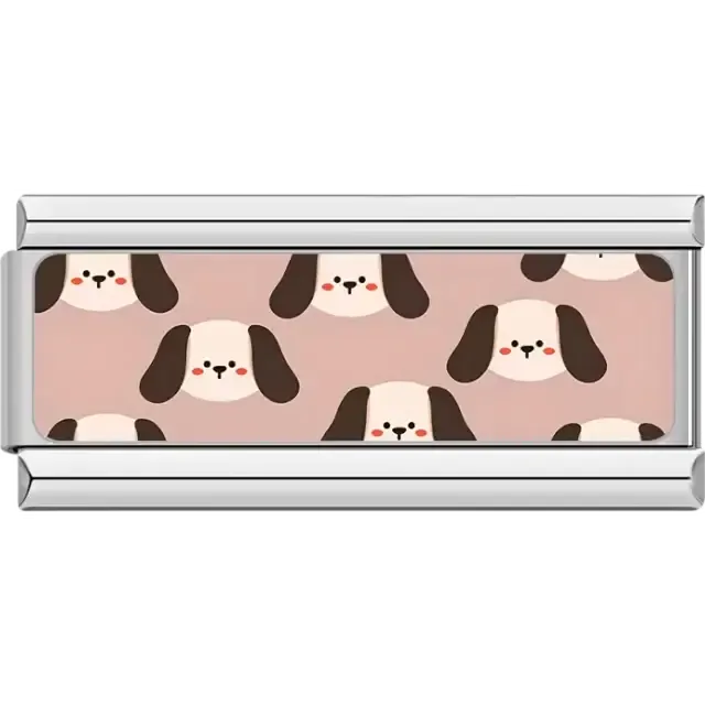 Brown and white puppy faces with pink cheeks on pink background Italian charm bracelet link