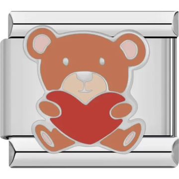 Brown teddy bear holding a red heart Italian charm bracelet link
