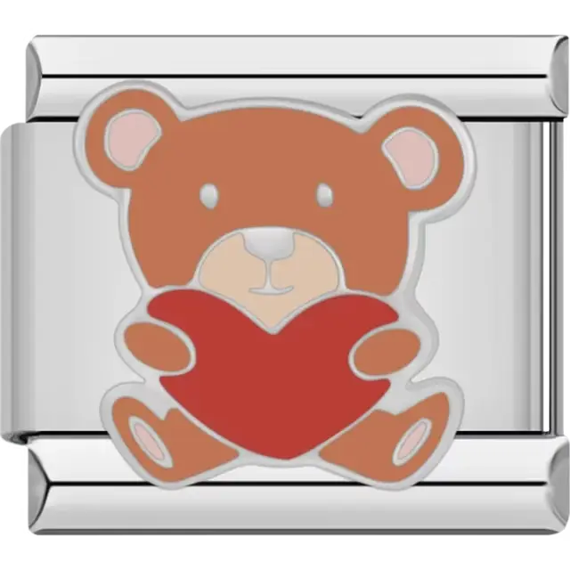 Brown teddy bear holding a red heart Italian charm bracelet link