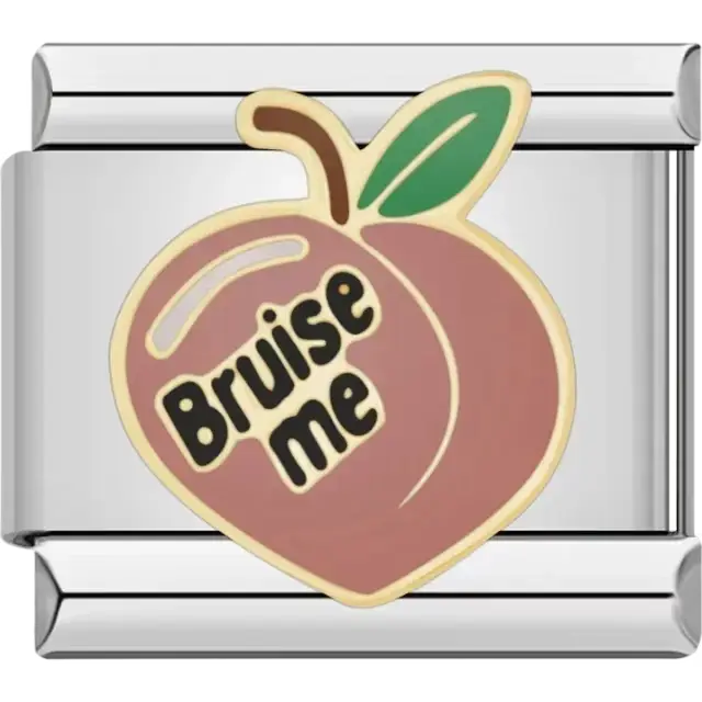 Brown peach with green leaf and black "Bruise Me" text Italian charm bracelet link
