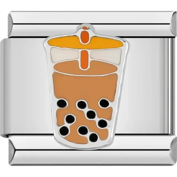 Cup of bubble tea with tapioca pearls and orange lid, bubble tea emoji Italian charm bracelet link