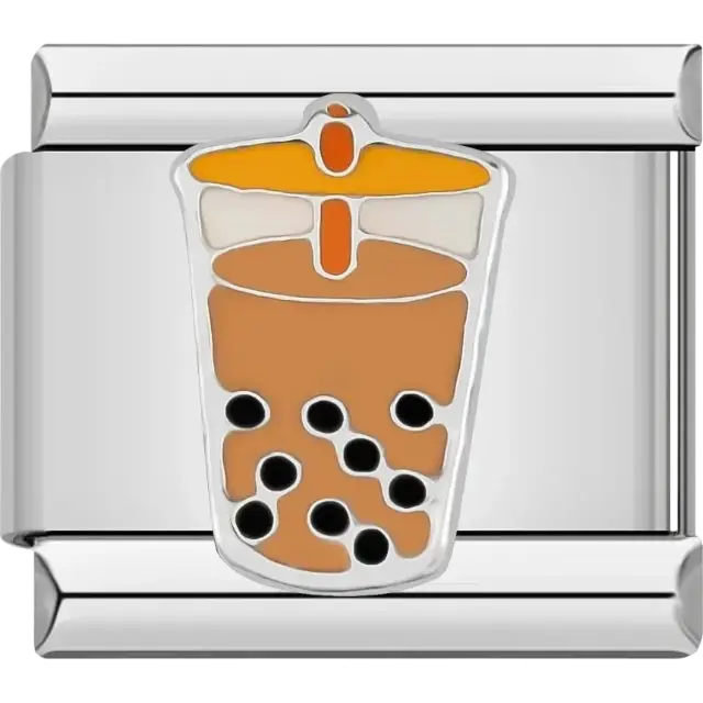 Cup of bubble tea with tapioca pearls and orange lid, bubble tea emoji Italian charm bracelet link