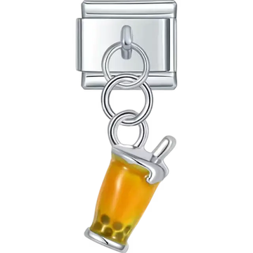 Dangle featuring a yellow bubble tea cup with straw and black tapioca pearls Italian charm bracelet link