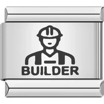 Black builder figure with safety helmet above bold "BUILDER" text Italian charm bracelet link