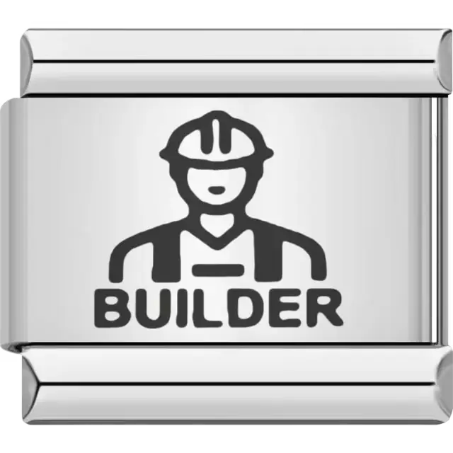 Black builder figure with safety helmet above bold "BUILDER" text Italian charm bracelet link