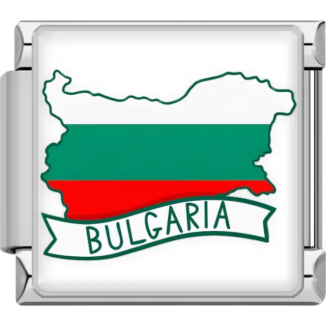 White, green, and red map of Bulgaria with white banner Bulgaria text Bulgaria map flag Italian charm bracelet link