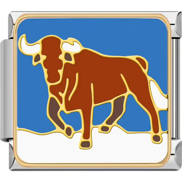 Brown bull gold outline blue background Italian charm bracelet link