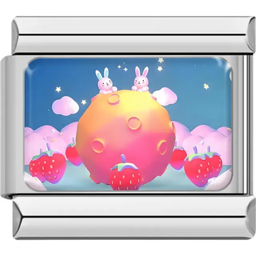 Two pink bunnies sitting on a colorful planet surrounded by strawberries pastel clouds and stars on blue background Italian charm bracelet link