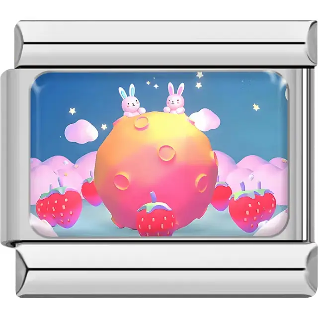 Two pink bunnies sitting on a colorful planet surrounded by strawberries pastel clouds and stars on blue background Italian charm bracelet link