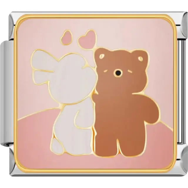 White bunny and brown bear with pink hearts on a light pink background Italian charm bracelet link