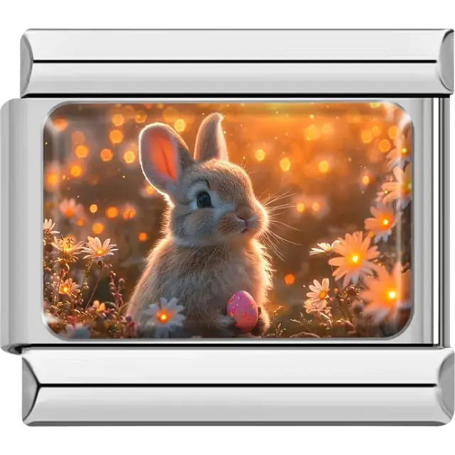 Brown bunny holding a pink egg surrounded by daisies with a glowing sunset background Italian charm bracelet link