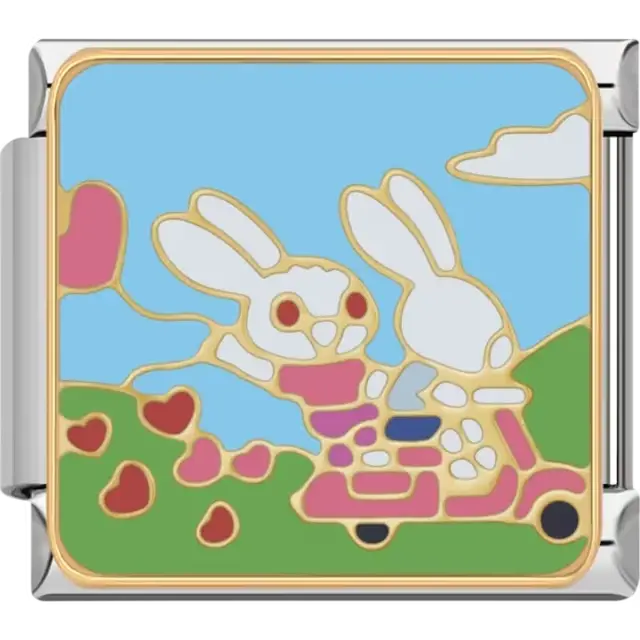 Bunny couple riding a pink scooter with a balloon and red hearts Italian charm bracelet link