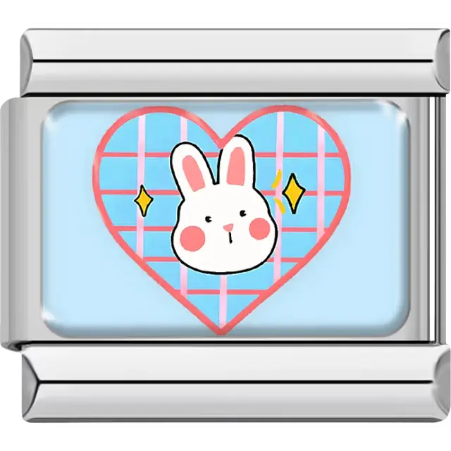 Blue heart with pink grid and white bunny Italian charm bracelet link