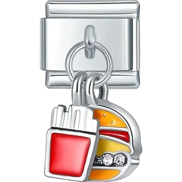 Cheeseburger and fries dangle Italian charm bracelet link