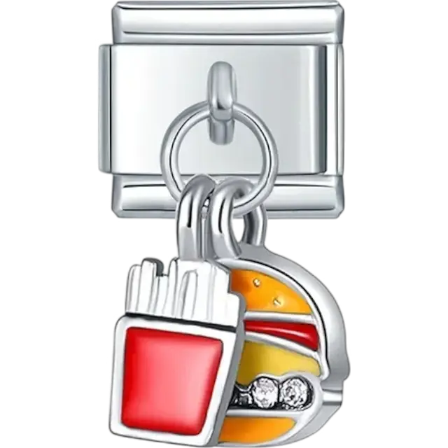 Cheeseburger and fries dangle Italian charm bracelet link