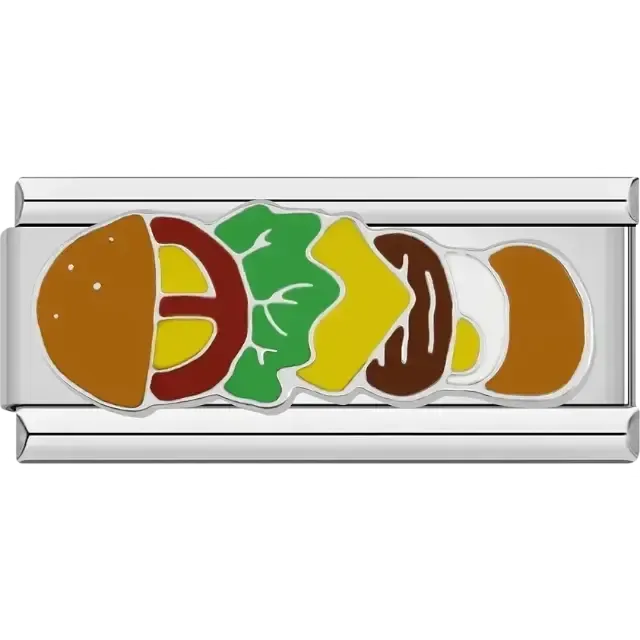 Burger layers including bun lettuce cheese patty and egg Italian charm bracelet link