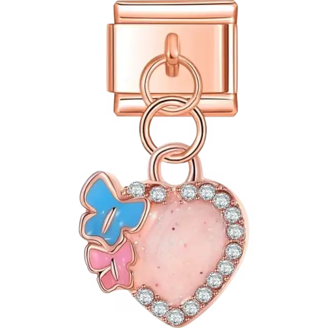 Rose gold dangle heart with pink and blue enamel butterflies and crystal border Italian charm bracelet link