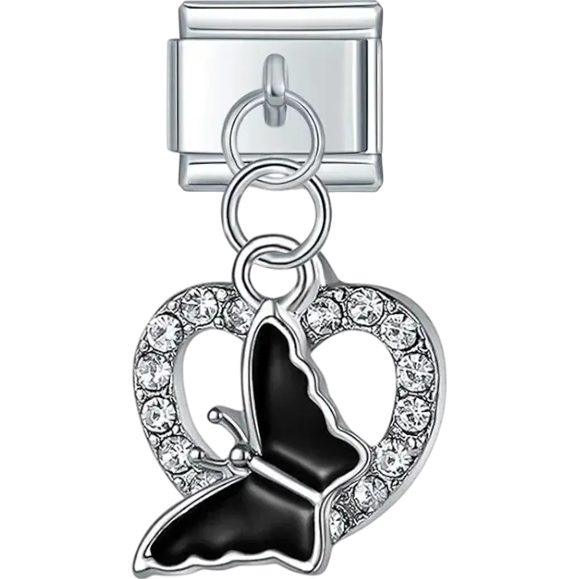 Black butterfly with crystal heart dangle Italian charm bracelet link