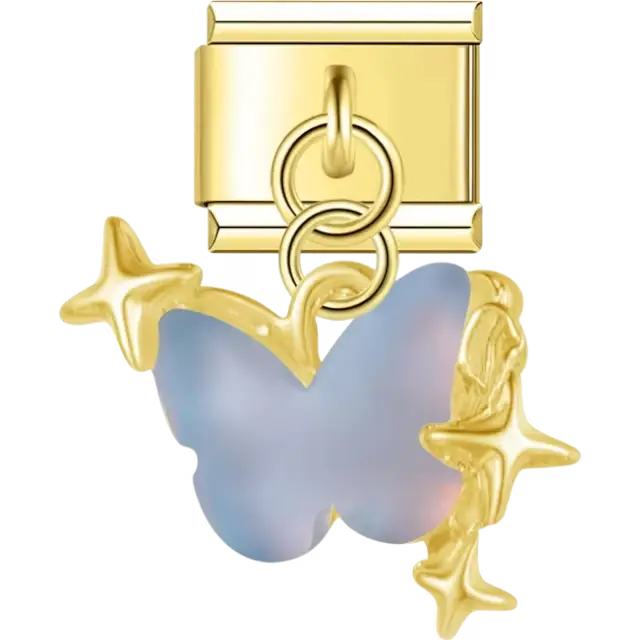 Blue iridescent butterfly with dangling star accents Italian charm bracelet link