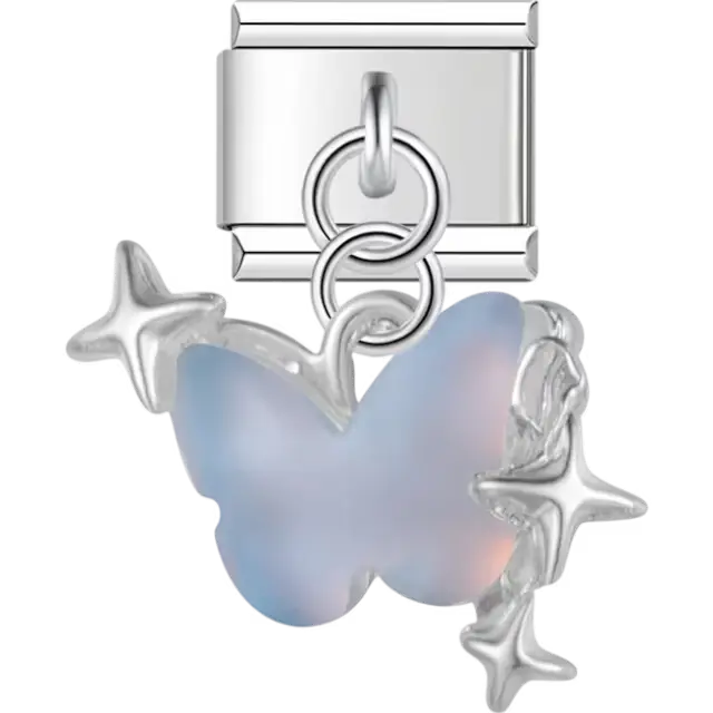 Blue iridescent butterfly with dangling star accents Italian charm bracelet link