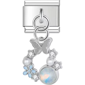 Silver butterfly with opalescent stone floral accents and crystal wreath Italian charm bracelet link