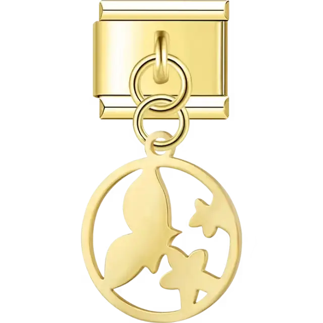 Open circle with butterfly and flower cutout dangle Italian charm bracelet link