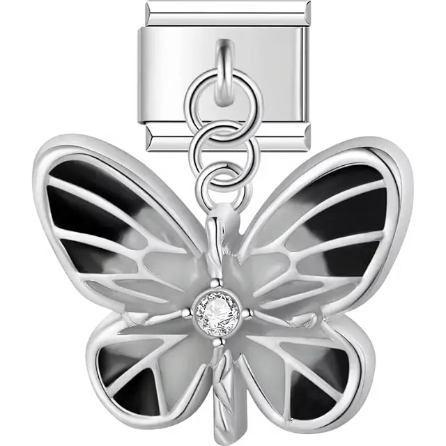 Black enamel butterfly with clear crystal accents Italian charm bracelet link