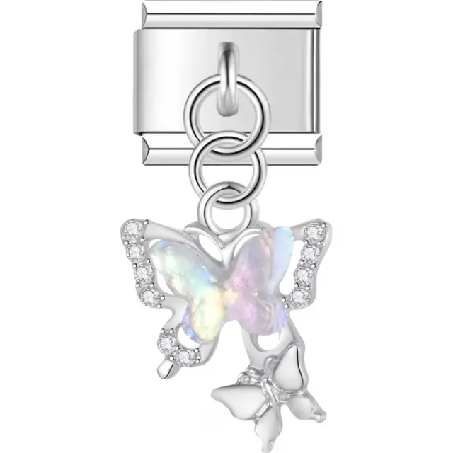 Iridescent butterfly with crystal accents and a smaller dangling butterfly Italian charm bracelet link