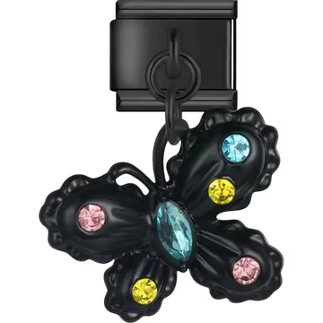 Black butterfly dangle with colorful crystal stones Italian charm bracelet link