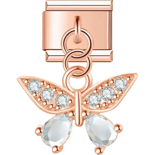 Butterfly design with crystal-studded wings and teardrop-shaped accents Italian charm bracelet link
