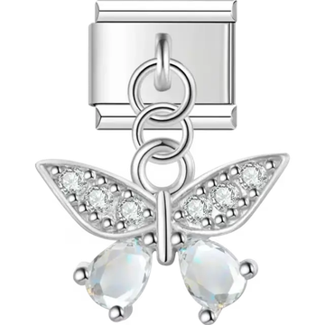 Butterfly design with crystal-studded wings and teardrop-shaped accents Italian charm bracelet link