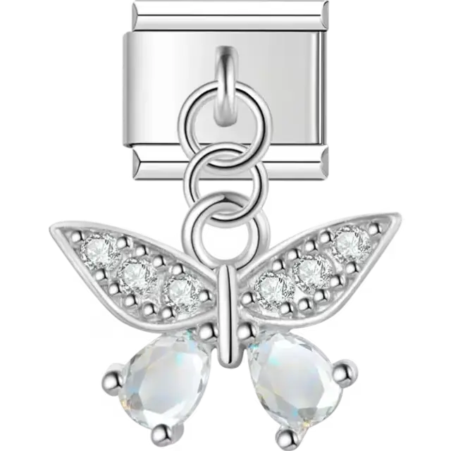Butterfly design with crystal-studded wings and teardrop-shaped accents Italian charm bracelet link