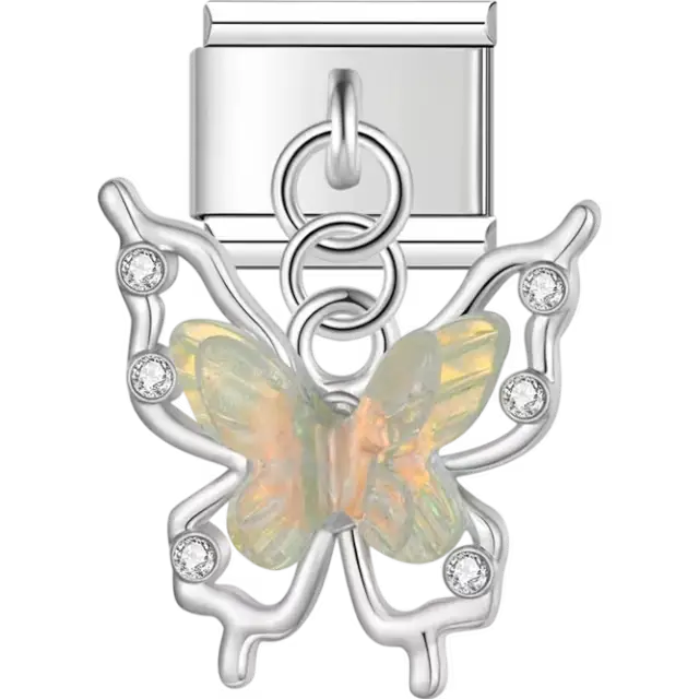 Butterfly dangle charm with crystal accents and a translucent opal-like centerpiece Italian charm bracelet link