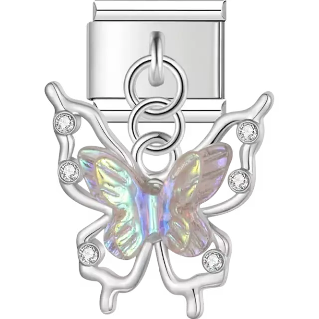 Butterfly dangle charm featuring crystal accents and an iridescent centerpiece Italian charm bracelet link