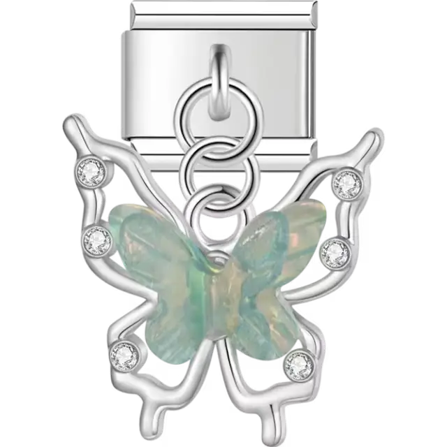 Butterfly dangle charm featuring clear crystal accents and a green opal-like centerpiece Italian charm bracelet link