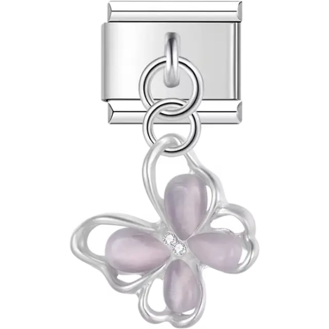 Butterfly with purple petals and single clear crystal accent dangle Italian charm bracelet link