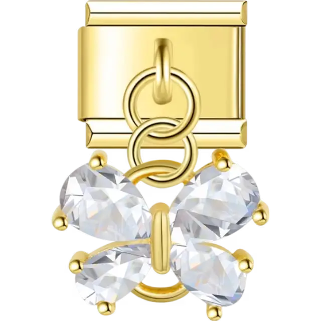 Gold butterfly with clear gemstone wings and dangle loop design Italian charm bracelet link