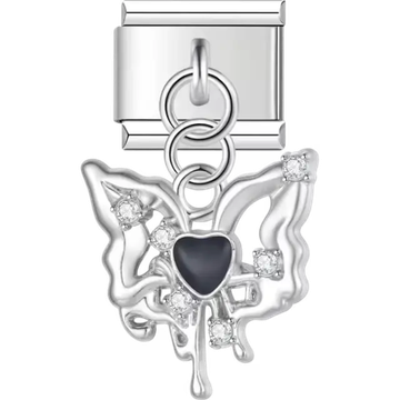 Butterfly-shaped pendant featuring a black heart gemstone and clear stone accents Italian charm bracelet link