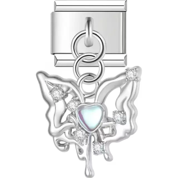 Butterfly-shaped pendant with a heart-shaped iridescent gemstone and clear stone accents Italian charm bracelet link