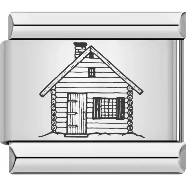 Black outline of a rustic log cabin with chimney and window detail Italian charm bracelet link